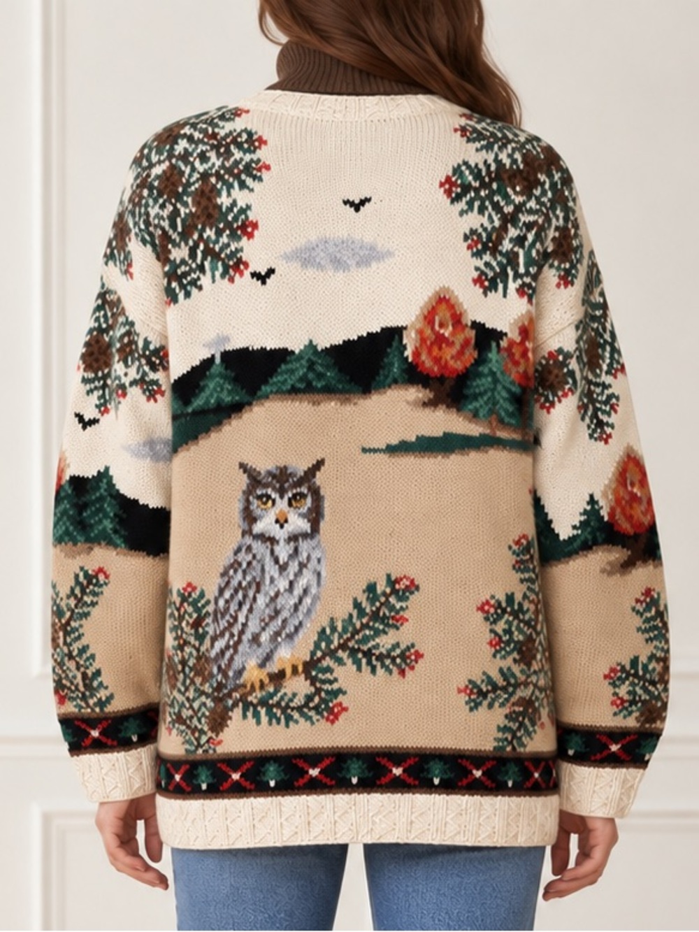 Vintage Northern Isles Hand Knit Cardigan 2X Woodland Deer Owl Novelty Sweater - Picture 15 of 16
